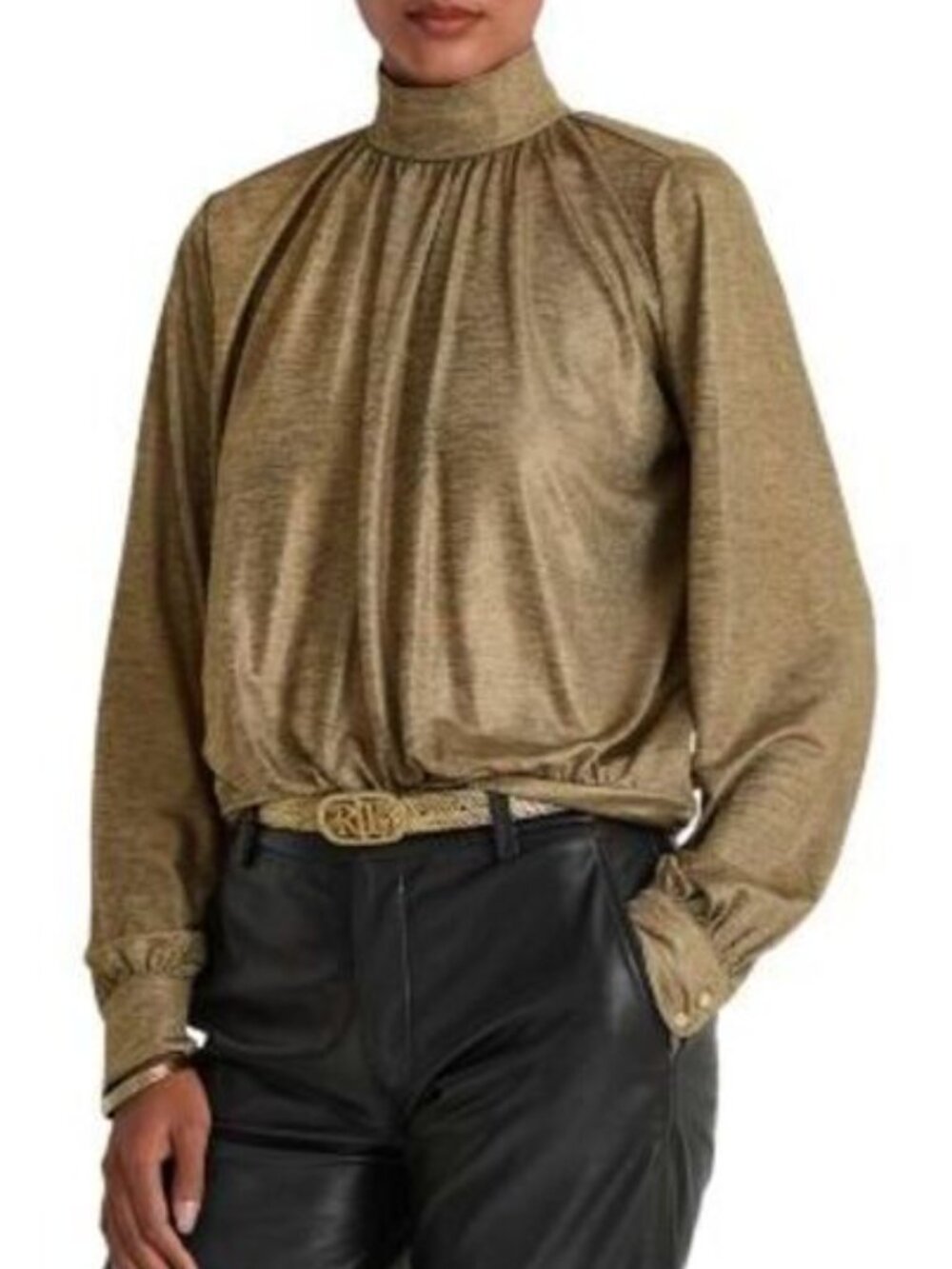 ✨ Ralph Lauren Gold Foil Mock Neck Blouse | Size XL | NWT | Luxe Night-Out Top ✨